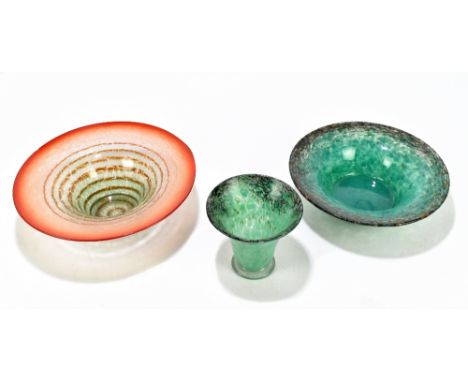 MONART; an Art Glass footed bowl, internally decorated with green mottled detail and aventurine, diameter 22.5cm, and a simil