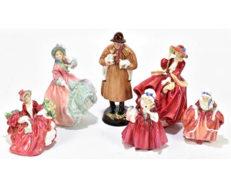 ROYAL DOULTON; six assorted figures comprising HN1890 'Lambing Time' (second quality), HN1908 'Lydia', HN1834 'Top Over Hill'