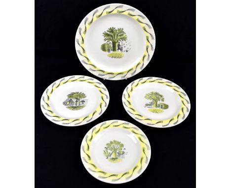 ERIC RAVILIOUS (1903-1942); four 'Wedgwood Garden' series plates comprising a 25.5cm plate, two 21cm diameter plates and a sm