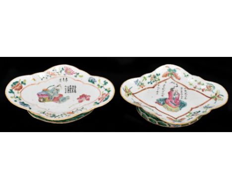 A pair of 19th century Chinese Famille Rose footed dishes of diamond form, each decorated with seated figures and script, eac