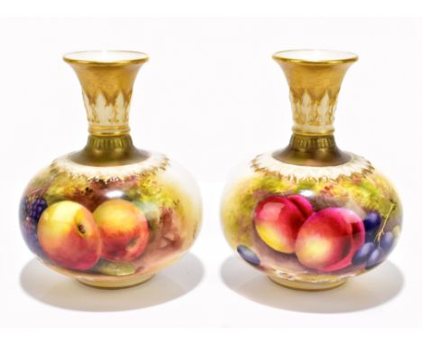 ROYAL WORCESTER; a near pair of hand painted bulbous vases with flared necks, each decorated with fruit, painted by Horace Pr