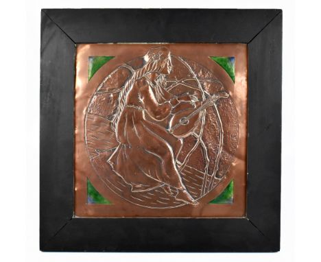 An Arts &amp; Crafts sheet copper wall plaque embossed with a seated maiden playing the lyre, with four enamel corner panels,