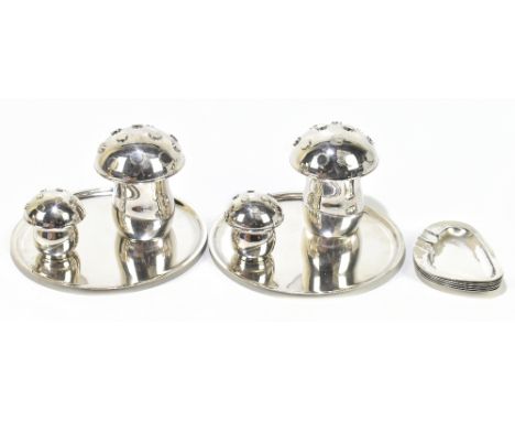 A Continental novelty four piece silver plated storage jar set, modelled as mushrooms, height of larger item 10cm, with two c