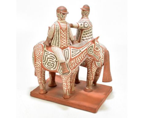 NORMAN MAKINSON (1921-2010); a large and impressive Studio Pottery sculpture 'Two Horseman' circa 1973, height 33cm, length 2
