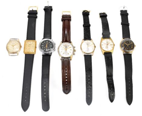 Seven gentleman's wristwatches of various brands and styles including Lings, Twenty-one Prix magnetic example, Rotary Quartz,