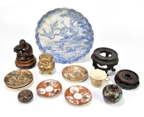 SATSUMA; a Japanese Meiji period koro and liner, lacking cover, a teacup and saucer, and two saucers, with a cloisonne koro a