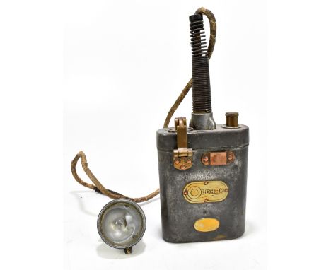OLDHAM; An early miners battery electric cap lamp and battery container.