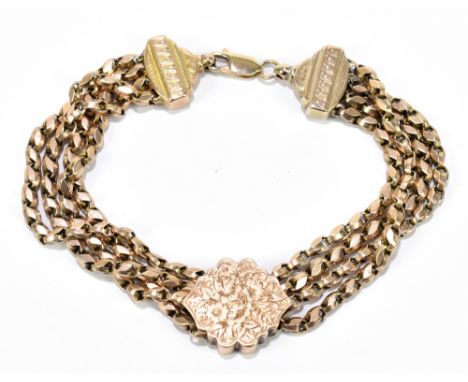 A Victorian 9ct yellow gold curb link bracelet, with shield shaped lozenge with floral detail, weight approx. 19.7g.Additiona