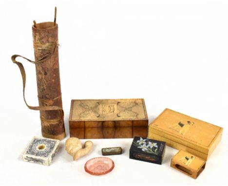 A small group of collectors' items including a quiver containing a miniature bow and arrow, a walnut veneered cigarette box, 
