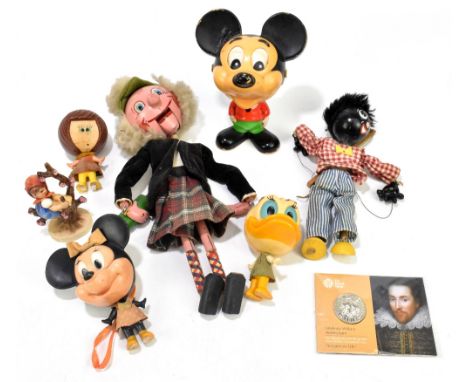 A small mixed lot of assorted toys including two Pelham puppets, a Mattel mechanical Micky Mouse figure, etc.