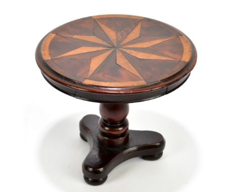 A 19th century miniature mahogany tilt-top tripod table with rosewood and satinwood inlaid floral detail, diameter of top 15c