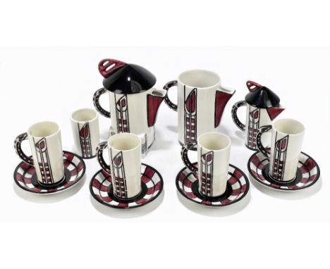 LORNA BAILEY FOR OLD ELLGREAVE POTTERY; a twelve piece part coffee service, in the manner of Charles Rennie Mackintosh.Additi