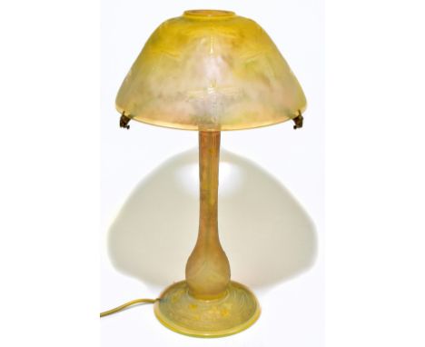 DAUM NANCY; an impressive Art Nouveau cameo glass table lamp with mushroom shade, with wheel cut decoration with dragonflies 