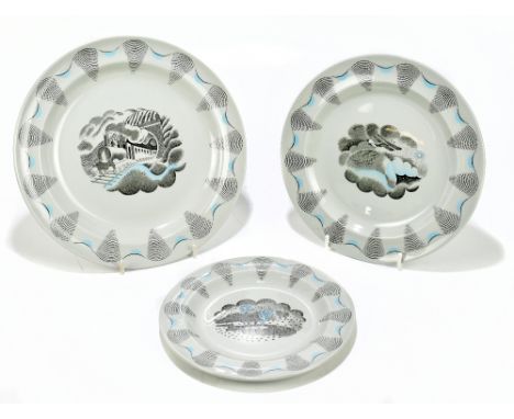 ERIC RAVILIOUS (1903-1942); a matched set of three 'Wedgwood Travel' pattern plates comprising a 23cm diameter plate decorate