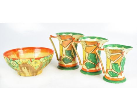 CLARICE CLIFF FOR NEWPORT POTTERY; a Bizarre ribbed bowl painted in the 'Delicia' pattern, printed marks to base, diameter 24