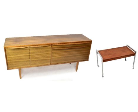 A mid-century teak sideboard with cupboard doors flanked on one side by single drawer and pull-down cupboard door, width 168c