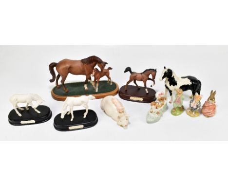 BESWICK; a model of a pinto pony and four Royal Doulton horses on plinth bases including 'First Born', also a Beswick model o