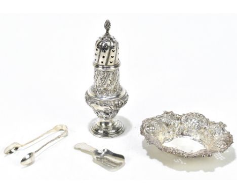 A Victorian hallmarked silver sugar caster with repousse decoration, Birmingham 1892, and a hallmarked silver caddy spoon, a 