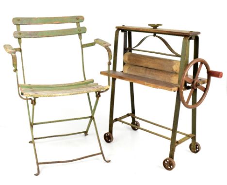 A vintage child's folding garden chair, with a vintage mangle, tallest 52cm.