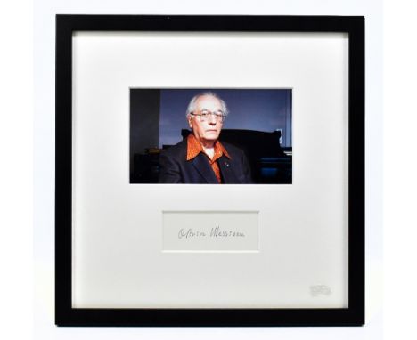 OLIVIER MESSIAEN (1908-1992), a framed signature and colour portrait print, the signature 4cm x 10cm, framed and glazed, with
