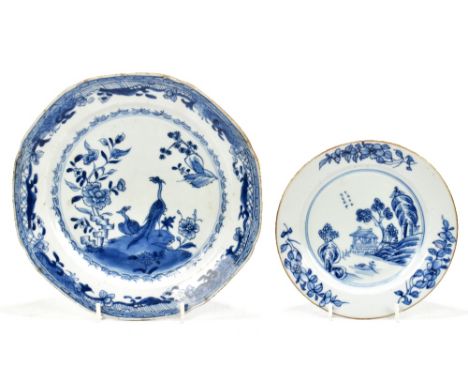 Two 18th century Chinese Export blue and white porcelain plates, including an octagonal example decorated with exotic birds i