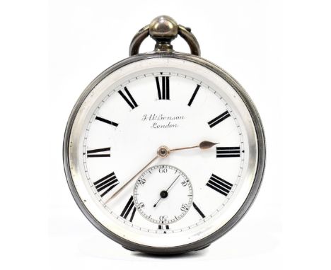 J.W. BENSON OF LONDON; a late Victorian hallmarked silver open face key wind pocket watch with Roman numerals to the two piec