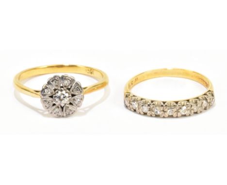 Two 18ct gold diamond set rings, one a half eternity ring set with nine stones, the other an illusion set flower head ring se