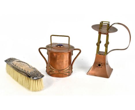 An Arts &amp; Crafts twin handled copper inkwell, the cover set with a purple coloured hardstone, height 11.5cm, and a hallma