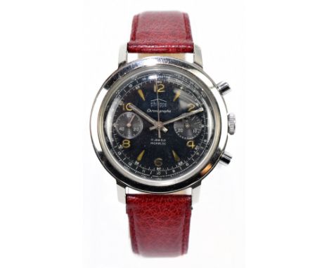 PHILIPPE; a gentleman's chronograph seventeen jewel stainless steel wristwatch, the black dial set with Arabic numerals and b