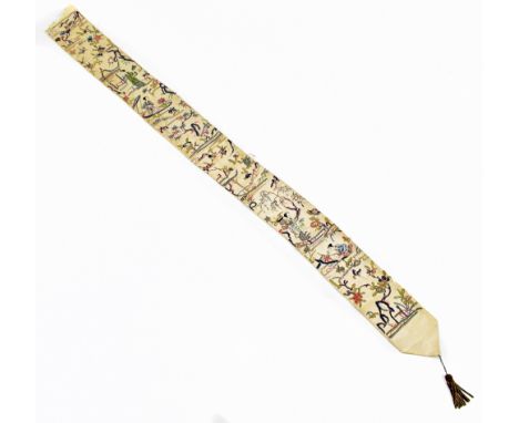 A 19th century Chinese embroidered panel decorated with figures in gardens with tassel drop, length 103cm not including the t