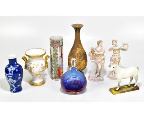 A collection of 19th century and later ceramics including a Spode bone china twin handled vase decorated with Chinoiserie sce