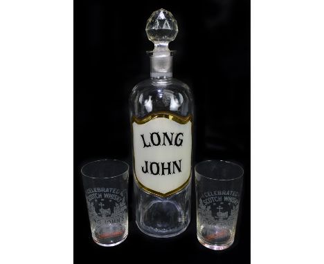 LONG JOHN SCOTCH WHISKY; an advertising glass decanter with shield shaped label inscribed 'Long John', with star stopper, hei