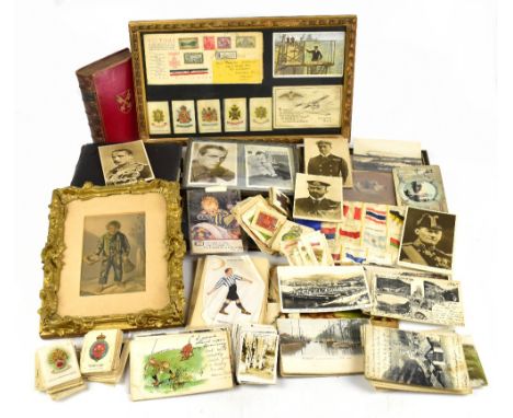 A collection of Edwardian and later postcards, cigarette cards, and printed ephemera, with a Baxter print in a gilt wooden ge