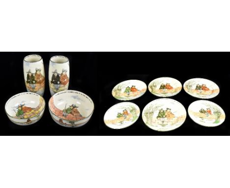 ROYAL DOULTON; four pieces of Series ware decorated in the 'Gallant Fishers' pattern including a pair of cylindrical vases, h