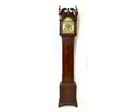 An early 20th century mahogany cased longcase clock of small proportions, with craved broken swan neck pediment, the hood enc