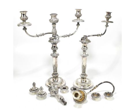 A pair of George IV and later silver and silver plated candelabra, the candlesticks and two flame scones hallmarked Sheffield