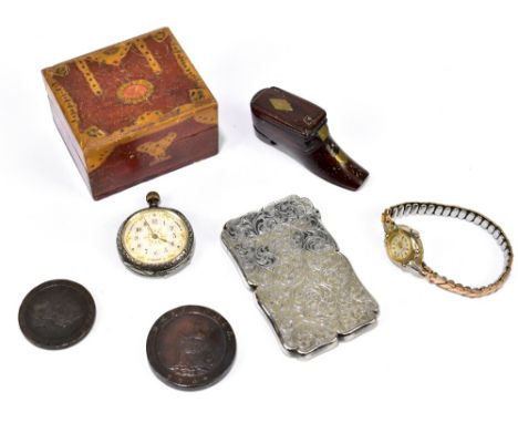 A Victorian hallmarked silver calling card case, Birmingham 1861, a French shoe shaped snuff box, a white metal fob watch, a 