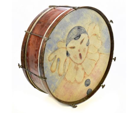 A vintage drum, the skin decorated with a portrait of a Pierrot, the sides with transfers of roses and butterflies, diameter 