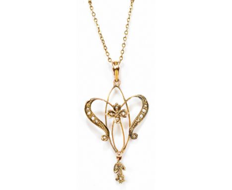 An Edwardian 9ct yellow gold and seed pearl pendant set on 9ct yellow gold chain, weight approx. 3.2g.Additional InformationP