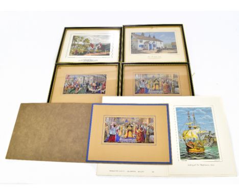 A collection of four framed Macclesfield silks, comprising 'The Hanging Gate', 'Fox Hunting', 'The Coronation' and a town sce