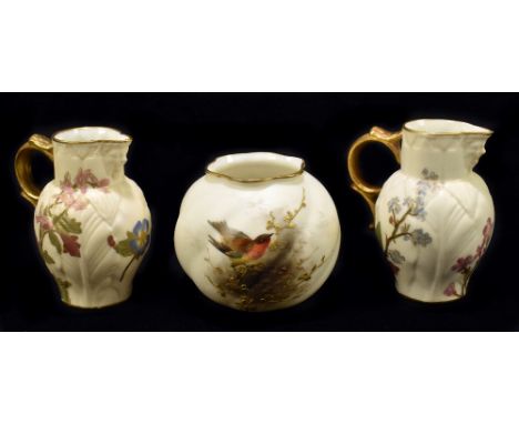 ROYAL WORCESTER; two blush ivory cabbage leaf moulded jugs with floral detail and a Royal China Works Worcester hand painted 