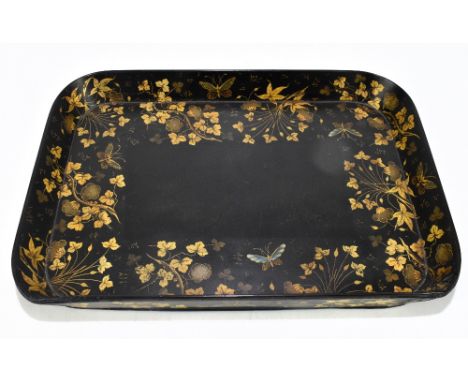 CLAY KINGS COVENT GARDEN; a Victorian papier-mâché tray of rectangular form with gilded detail of butterfly’s and floral spra