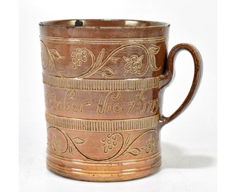 NOTTINGHAM; an 18th century salt glazed stoneware documentary mug, inscribed 'October 7th 1719', and additionally dated 1719 