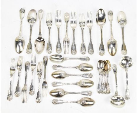 WILLIAM CHAWNER II; a suite of hallmarked silver fiddle and shell pattern flatware comprising six tablespoons, six dessert sp