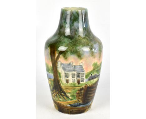 COBRIDGE; limited edition vase decorated with canal boats and house in a landscape scene, signed BL, 50/100, height 26cm.&nbs