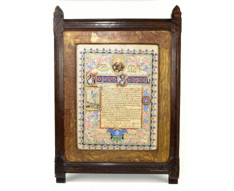 A late Victorian hand painted illuminated manuscript, inscribed 'Joseph Benson, Excelsior Cut Glass Works, May 16th 1897', 44