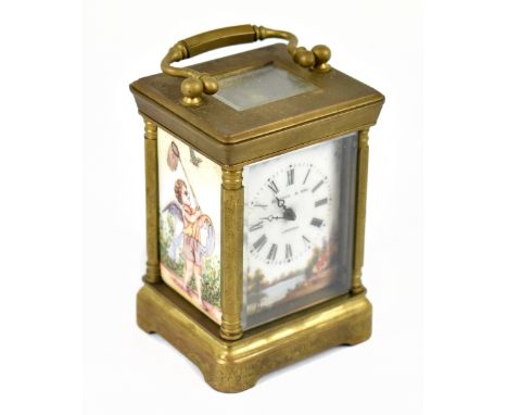ELLIOT &amp; SONS; a brass cased miniature carriage clock, the enamel face set with Roman numerals and landscape scene flanke
