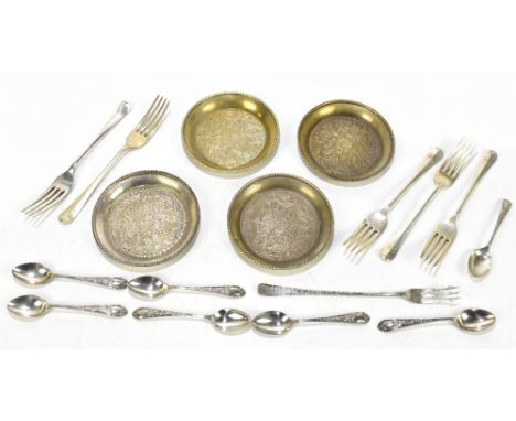 A small group of hallmarked silver flatware including five rat tail forks, Sheffield 1935, approx 10.9ozt/335gm, and four sil