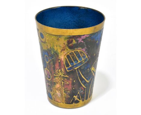 RAGNA SPERSCHNEIDER; a brass and enamel decorated beaker of tapering cylindrical form, maker's mark to the base, height 11.75