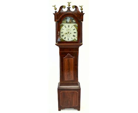 MUSSON OF LOUTH; an early 19th century inlaid mahogany eight day longcase clock, the painted dial with Roman numerals, subsid